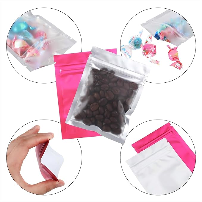 Blulu 100 Pieces Resealable Foil Proof Bags Scent Proof Flat Pouch Clear Smell Sealable Packing Bags Iridescent for Food Storage Snack Jewelry(3 x 4 Inch,Pink)