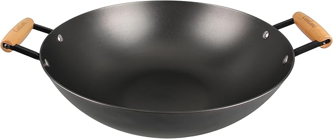 Cuisiland 14??Nitrided Cast Iron Wok ??Double-Handle Skillet, Rust-Resistant, Naturally Non-Stick, Beechwood Handles, Classic Cast Iron Heat Retention for Stir-Frying