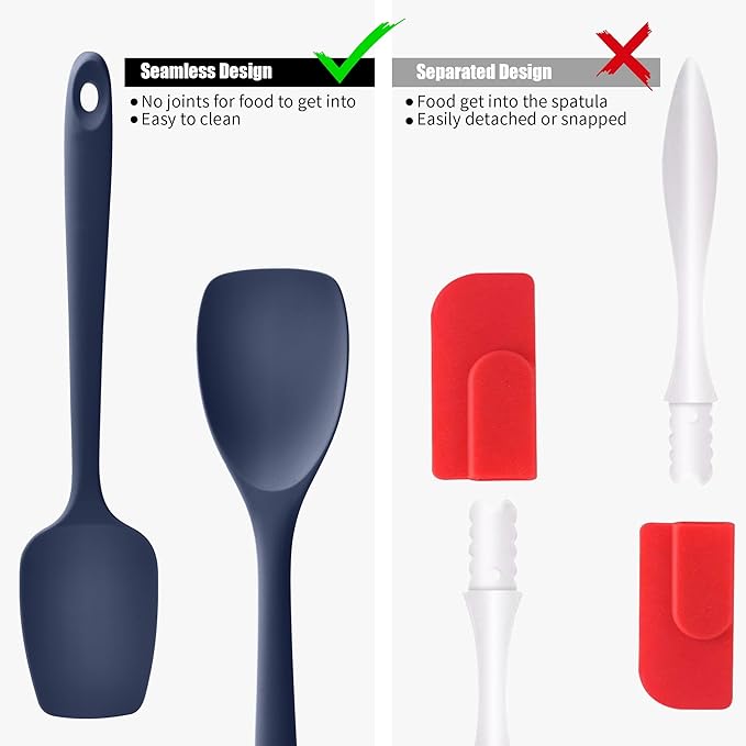 Doosu Silicone Spoon Spatula Set of 2, 600쨘F Heat-Resistant Food Grade Rubber Spoonula with Seamless Design, Non-Stick Dishwasher Safe Kitchen Utensils for Cooking Baking Mixing Scraping (Navy Blue)