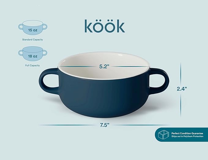 Kook Soup Crocks, Ceramic Bowls, Broil, Oven, Microwave and Dishwasher Safe, with Handles, For Casserole, Pasta, Cereal, 18 oz, Set of 4 (Navy)