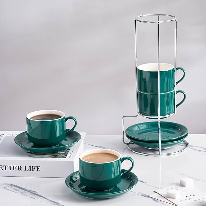 8oz Porcelain Cappuccino Cups with Saucers and Metal Stand, Stackable Coffee Cups for Specialty Coffee Drinks, Cappuccino, Latte, Espresso, Americano and Tea - Cups Set of 4, Green