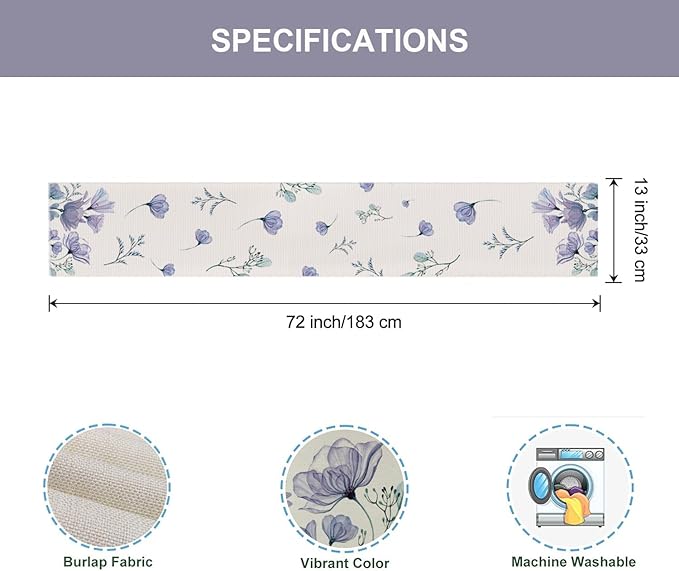 ZCHOMI Poppy Floral Table Runner 13x72 Inch Purple Flower Leaves Seasonal Spring Summer Kitchen Dinning Table Decoration for Home Party Decor