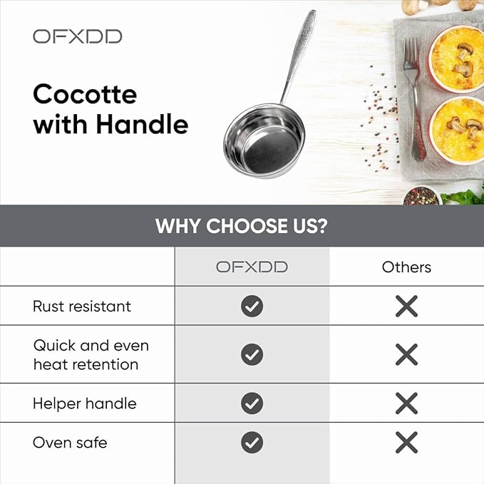 Cocotte Stainless Steel 3.54 Inch - 4 Pcs Mini Cocotte with Handle - Ramekin for Baking Julienne, Oven Safe, 4.22 Oz, OFXDD