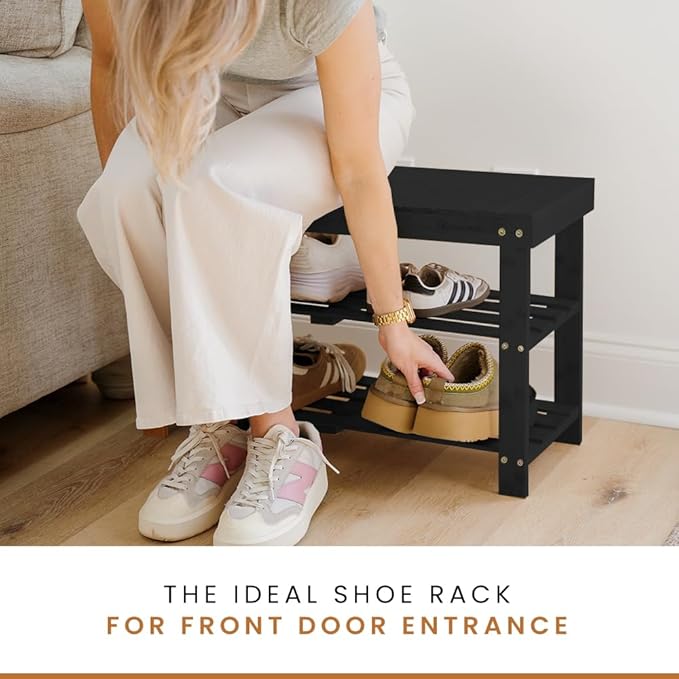 Leaf & Grain Bamboo Shoe Rack - Shoe Storage Bench for Front Door Entrance ??Entryway Bench with Shoe Shelf, Shoe Storage Organizer, Wooden Shoe Rack, Durable Shoe Bench for Home (Black)