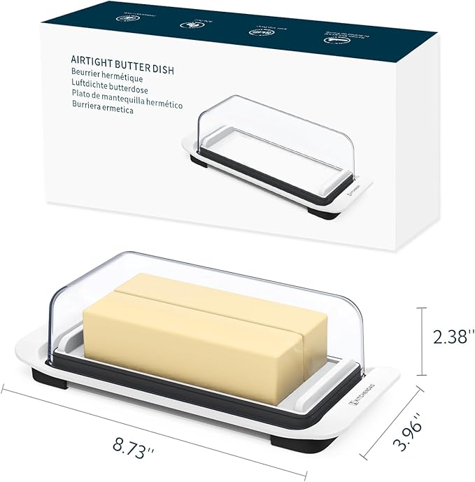 KITCHENDAO Large Airtight Butter Dish with Lid for Countertop and Fridge, Butter Keeper, Plastic Butter Holder Tray for 2 Sticks East Coast/West Coast/European Style/ Kerrygold Butter/ Cream Cheese