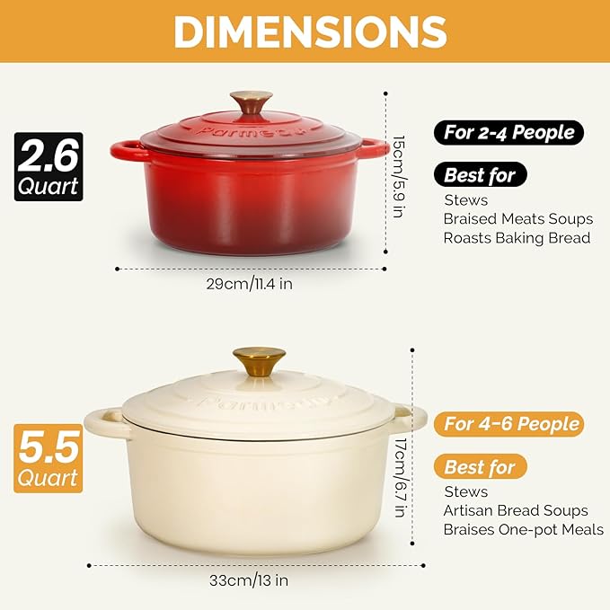 Parmedu Enameled Cast Iron Dutch Oven-5.5 Quart Pot with Lid, Dual Handle,Heavy Duty Cookware for Braising, Stews, Roasting, Bread Baking,Cream white