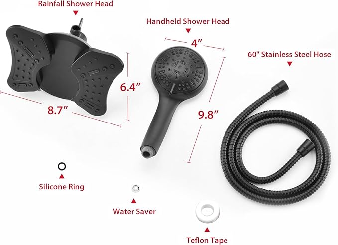 GRICH 1.8 GPM Shower Heads with Handheld Spray Combo: High Pressure Rain Shower Heads with Built-in Power Wash, 9 Mode Adjustable Dual Rainfall Showerhead with Anti-Clog Nozzles and Hose, Black