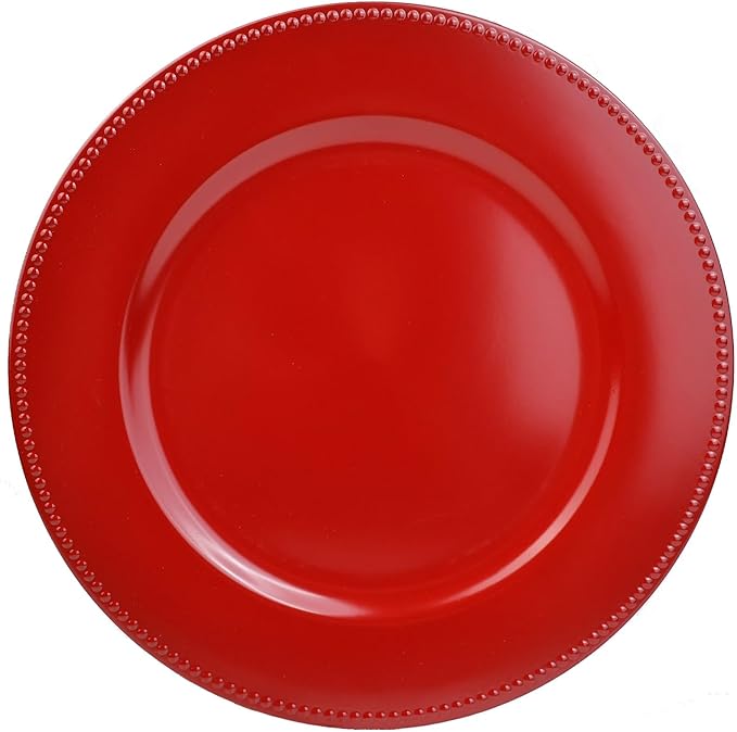 Set of 12 Red Charger Plates with Beaded. 13" Reusable Plastic Table Chargers for Dinner Plates