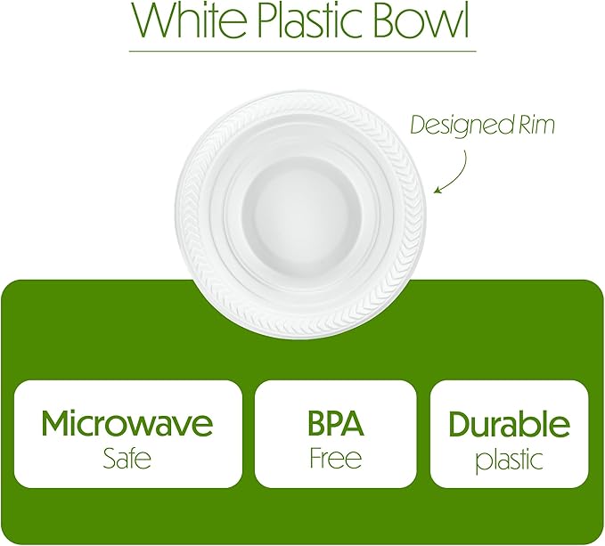 PLASTICPRO 200 PCS White Plastic Soup Bowls 12 oz Premium Quality Light Weight Dishes Disposable Plastic Bowls for Parties Weddings