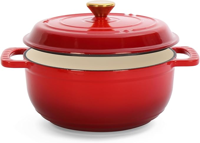 Dutch Oven Pot with Lid, 5 Quart Enameled Cast Iron Dutch Oven, Dual Handles, Kitchen Pots Oven Safe up to 500째F, Stovetop Compatible, Marinate, Cook, Bread Baking, Refrigerate & Serve, Red