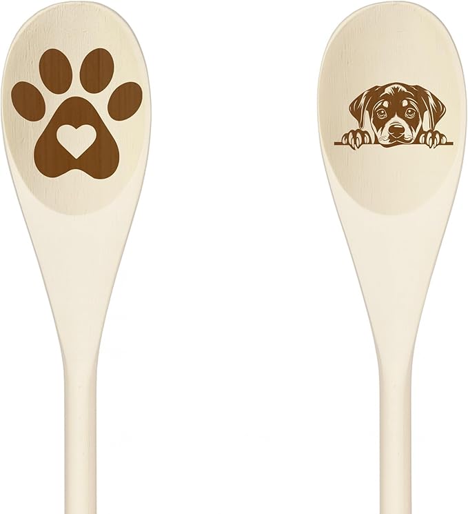 ROTTWEILER Wooden Spoons for Cooking, Serving or Decorative Kitchen Utensils Set Dog Lover Dog Mom/Dad Gift with Peeking Dog Designs, Paw Print and Dog Head, Kitchen Utensils Set of 2