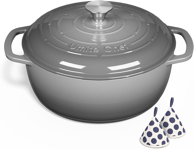 Enameled Cast Iron Dutch Oven - Umite Chef 6QT Pot with Lid & Cotton Potholders - Dual Handles -Versatile Heavy Duty Cookware for Bread Baking,Braising, Stews, Roasting(Grey)