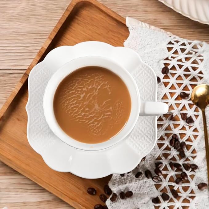 12 Pieces 6 oz Tea Cup and Saucer Set, Cappuccino Latte Americano Coffee Cup with Saucer Set of 6, Espresso Double Shot Cup, New Bone Porcelain Embossment Tea Cups, for Cafe Kitchen, Gift Idea, White