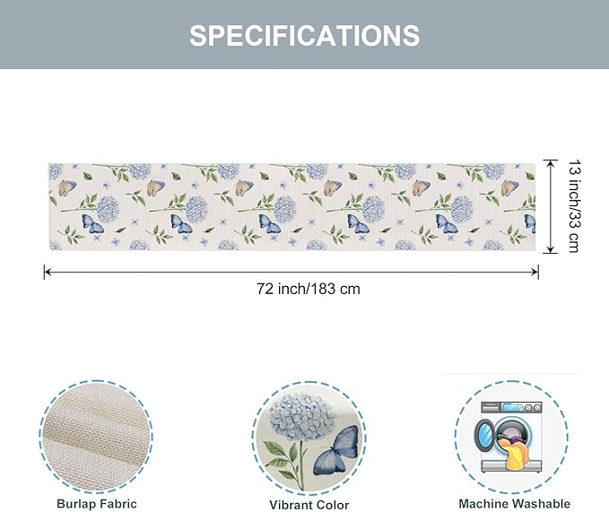 ZCHOMI Hydrangea Butterfly Table Runner 13x72 Inch Summer Flowers Spring Kitchen Dinning Table Decoration for Indoor Outdoor Home Party D챕cor