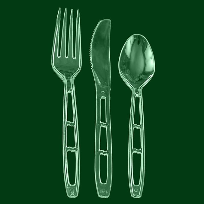 Party Bargains Emerald Clear Plastic Silverware 1440 pcs Set: 720 Forks, 480 Spoons, 240 Knives. Heavy Duty Elegant Cutlery Disposable Utensils Combo Pack for Ceremonies Catering Galas Cocktail Party
