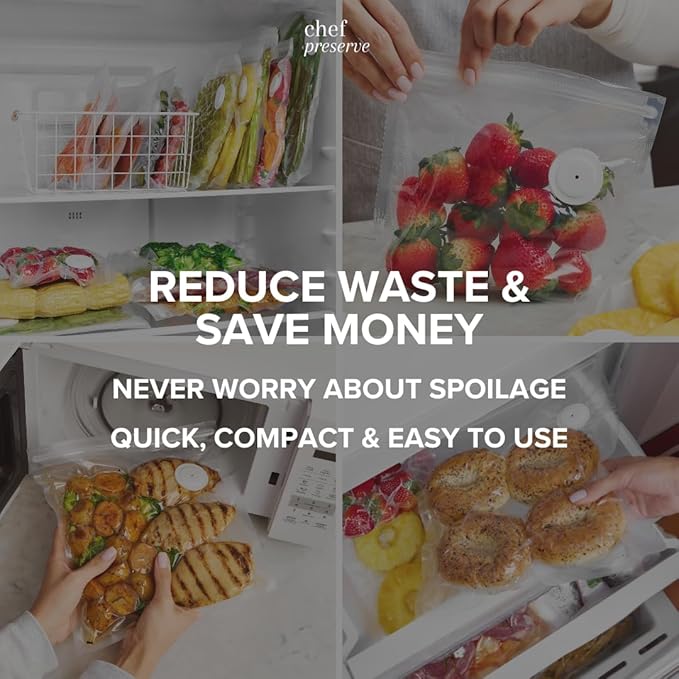 Chef Preserve Reusable Vacuum Sealer Bags for Food ??30 BPA-Free Medium (10 x 11 in) Food Storage Bags, Freezer, Microwave ??Odor-Resistant, Leak-Proof ??Compatible with Chef Preserve Vacuum Sealers