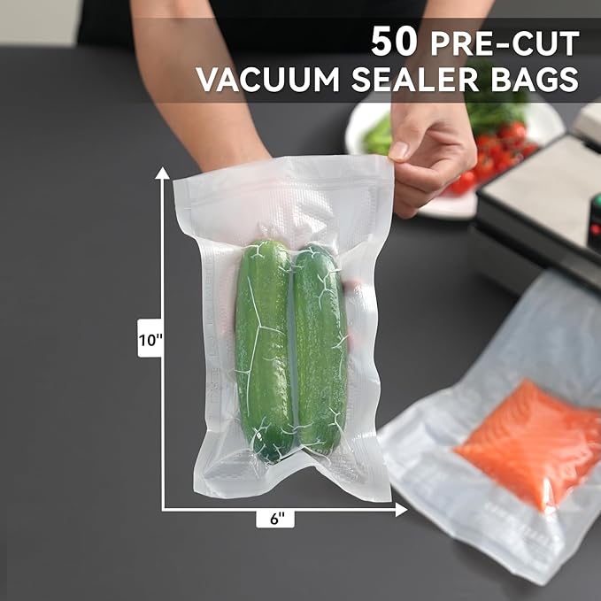 VestaEco Compostable Vacuum Sealer Bags for food, 50 Pint 6" x 10" Precut, Heavy-Duty Embossed Vacuum Seal Food Saver Bags, BPA-Free, for Storage, Meal Prep or Sous Vide