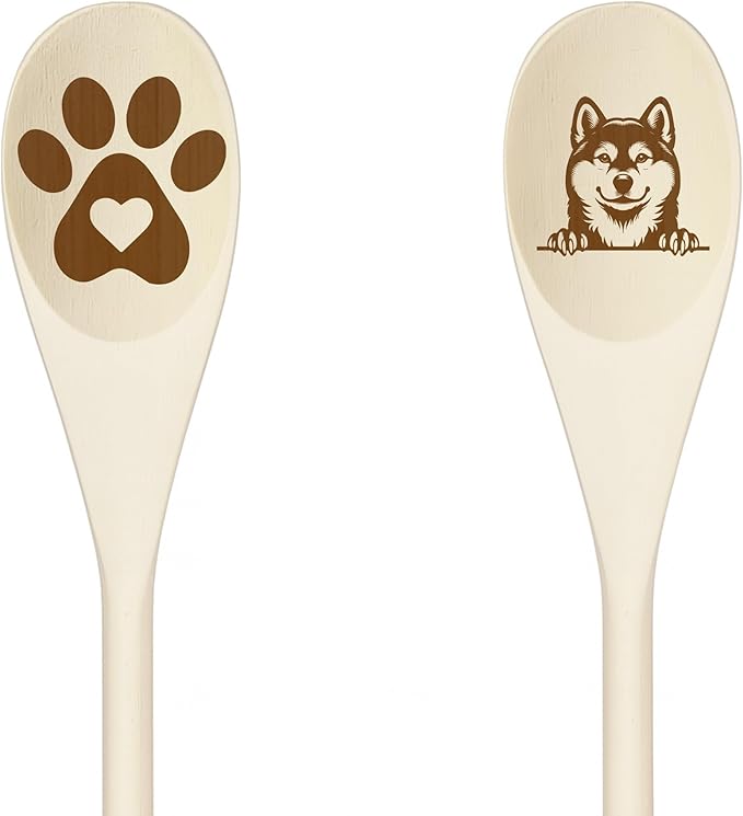 SHIBA INU Wooden Spoons for Cooking, Serving or Decorative Kitchen Utensils Set Dog Lover Dog Mom/Dad Gift with Peeking Dog Designs, Paw Print and Dog Head, Kitchen Utensils Set of 2