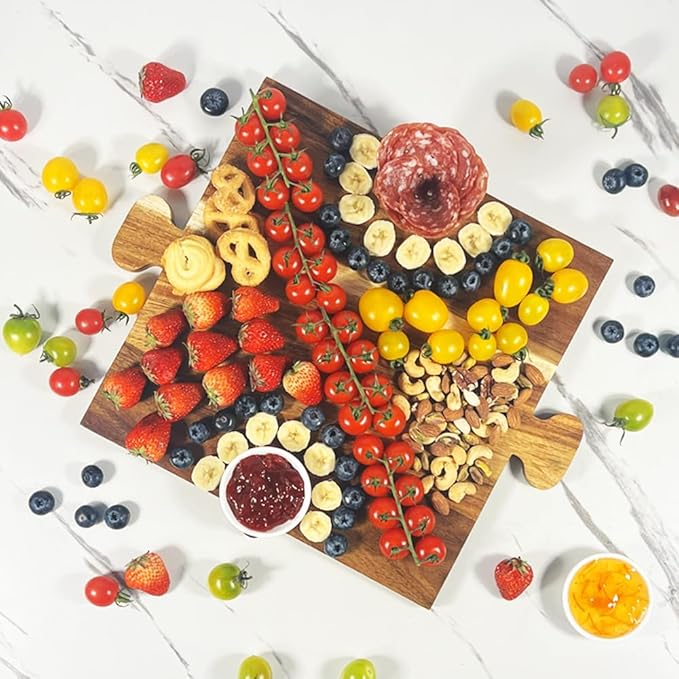 Charcuterie Board Sett, Premium Acacia Wood Cheese Boards, Puzzle Shaped Serving Tray, House Warming Gifts New Home, Wedding & Bridal Shower Gift, 2 Pack