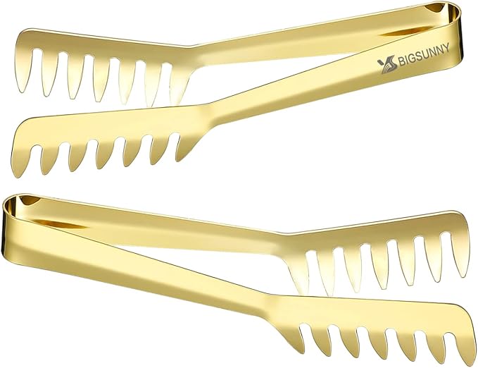 MSY BIGSUNNY 8 Inch Stainless Steel Pasta Tongs, Spaghetti Tongs with Teeth, Serving Tongs for Noodles, Spaghetti, Cooking (Set of 2, Shiny Gold)