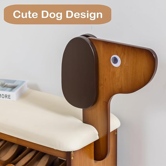 SOBIBO Shoe Bench with Cushion, 2-Tier Dog Entryway Bench Cute, Wood Shoe Rack Bench,23.62 inches