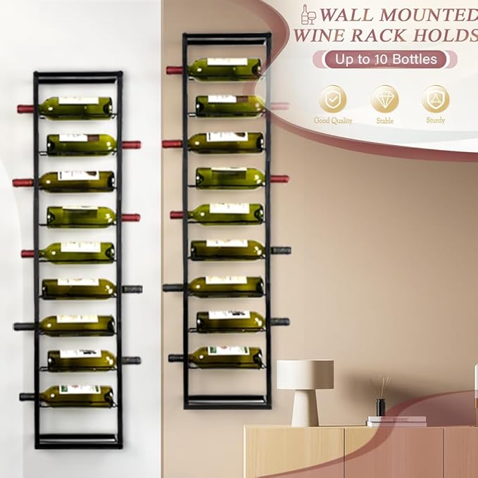 Wall Mounted Wine Rack: Metal Hanging 10 Bottle Wine Holder - Black Wine Storage Rack