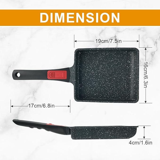 Tamagoyaki Pan, Japanese Omelette Pan Nonstick, Rectangle Square Egg Frying Pan Skillet Nonstick, Detachable Handle, PFAS & PFOA-Free, Oven Safe, 7.5” x 6.3”