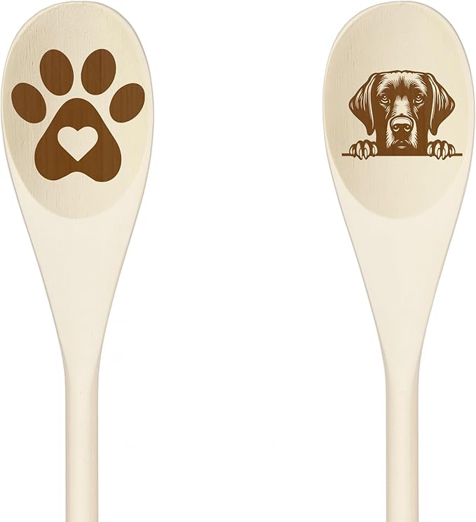 PLOTT Wooden Spoons for Cooking, Serving or Decorative Kitchen Utensils Set Dog Lover Dog Mom/Dad Gift with Peeking Dog Designs, Paw Print and Dog Head, Kitchen Utensils Set of 2