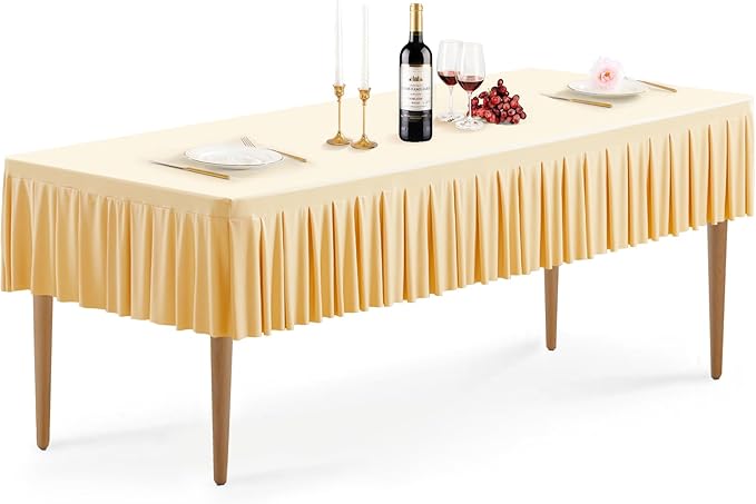 Wish Care Champagne Spandex Table Clothes for 6 Foot Rectangle Tables Wrinkle Free Ruffle Tablecloth 6ft Stretch Fitted Table Cover Skirt for Wedding Birthday Parties Banquet Dining Outdoor Tablecloth