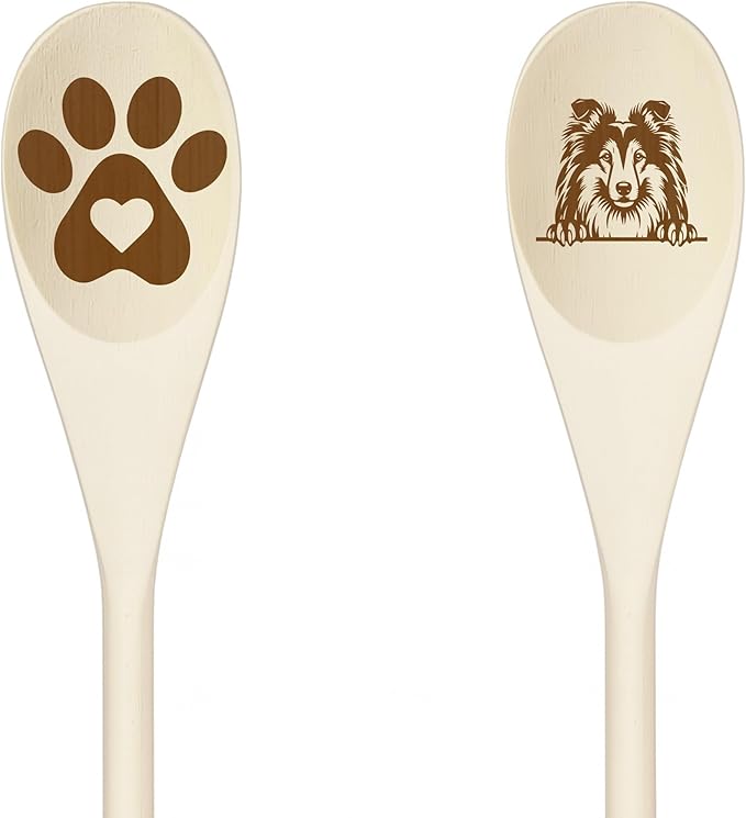 COLLIE Wooden Spoons for Cooking, Serving or Decorative Kitchen Utensils Set Dog Lover Dog Mom/Dad Gift with Peeking Dog Designs, Paw Print and Dog Head, Kitchen Utensils Set of 2