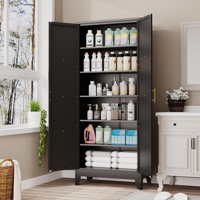 75" Tall Metal Kitchen Pantry Storage Cabinet, Freestanding Cupboard with 2 Doors and 5 Adjustable Shelves, Standing Storage for Kitchen, Bathroom, Garage, Dinning Room or Utility Room(Black)