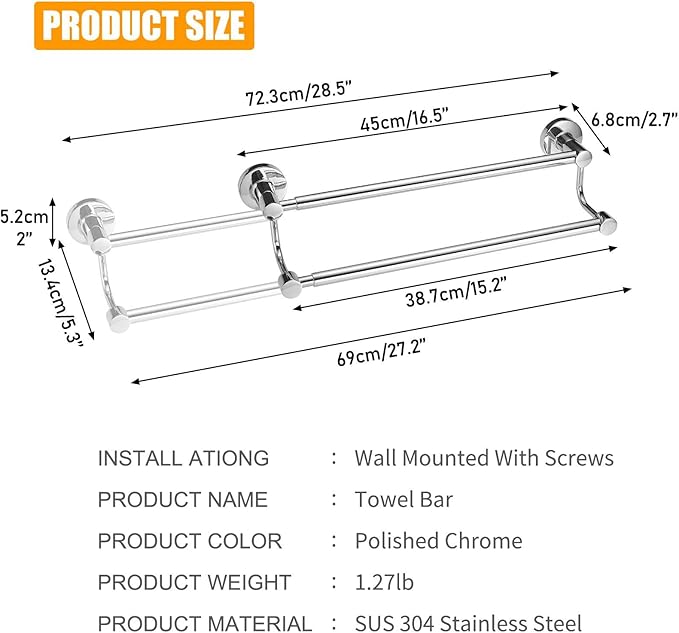 BESy Adjustable 16-26 Inches Double Bath Towel Bar for Bathroom SUS304 Stainless Steel Towel Holder, Hotel Style Wall Mount with Screws Hand Towel Bar Towel Rack Rod Hanger, Polished Chrome Finish