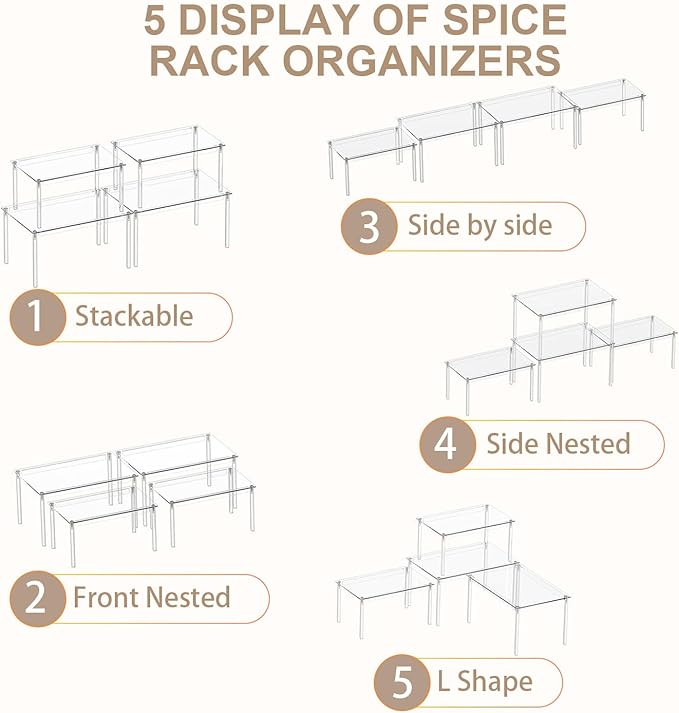 Clear Kitchen Cabinet Organizer, Set of 4 Acrylic Shelves Organizer for Pantry Organizers and Storage, Tiered Spice Organization for Cabinet, Stackable Cabinet Organizer Shelf for Desk Countertop