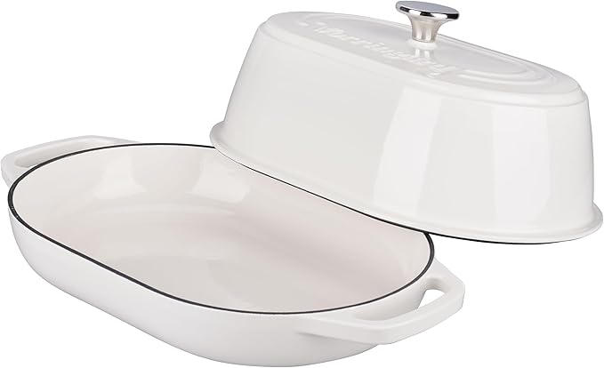 Enameled Cast Iron Dutch Oven Pot with Dome Lid, Oval Bread Oven for Homemade Sourdough Bread Baking, Oven Safe up to 500째F, 6 Quart, White