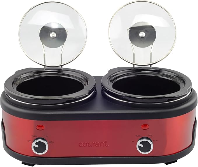 Courant 3.2-Quart Double Slow Cooker (1.6-Qt each) w/Warm Settings, Stainproof Stoneware Pots and Glass Lids ??Red Stainless Steel