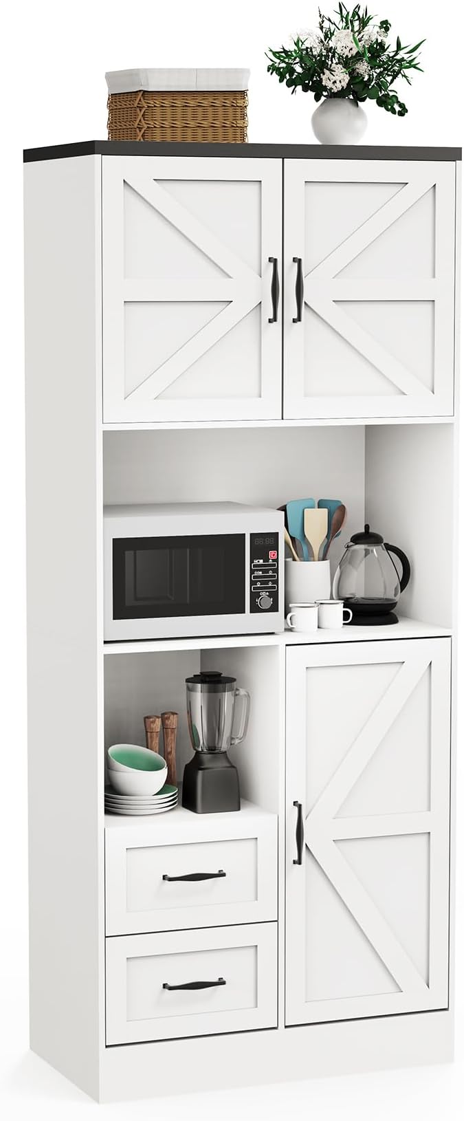 Bigbiglife Farmhouse Kitchen Pantry Cabinet with LED Lights and Power Strip, Tall Kitchen Storage Cabinet, Kitchen Hutch with Microwave Stand & Barn Doors and Drawers for Dining Room (White)