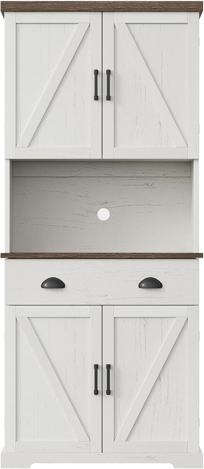 ChooChoo 72" Pantry Cabinet with Storage Drawers, Farmhouse Kitchen Hutch Bar Cabinet with Microwave Stand, Kitchen Cupboard with Door Shelves for Dining Room, Living Room, Antique White & Brown