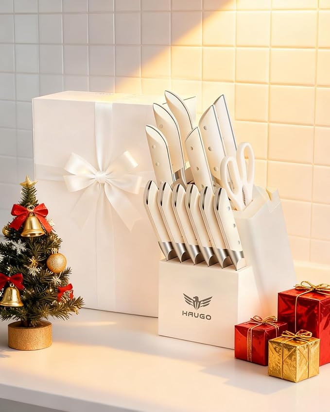 Kitchen Knife Set - Haugo 14 PCS Cream White Knife Set with Block and Sharpener - German Stainless Steel - Full Tang Knife Block Set and Ergonomic Handle - Obsidian Series
