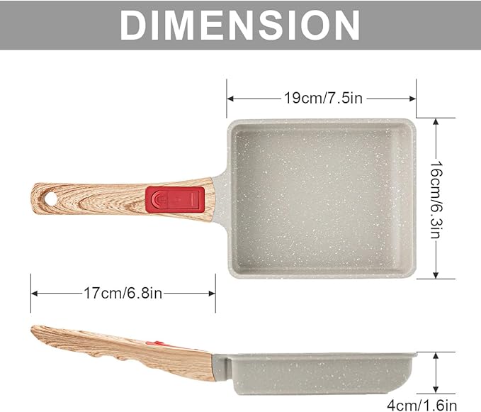 Nonstick Tamagoyaki Pan, Japanese Egg Omelette Pan Nonstick, Square Frying Pan with Detachable Handle, PFAS & PFOA-Free, Oven Safe, 7.5” x 6.3”