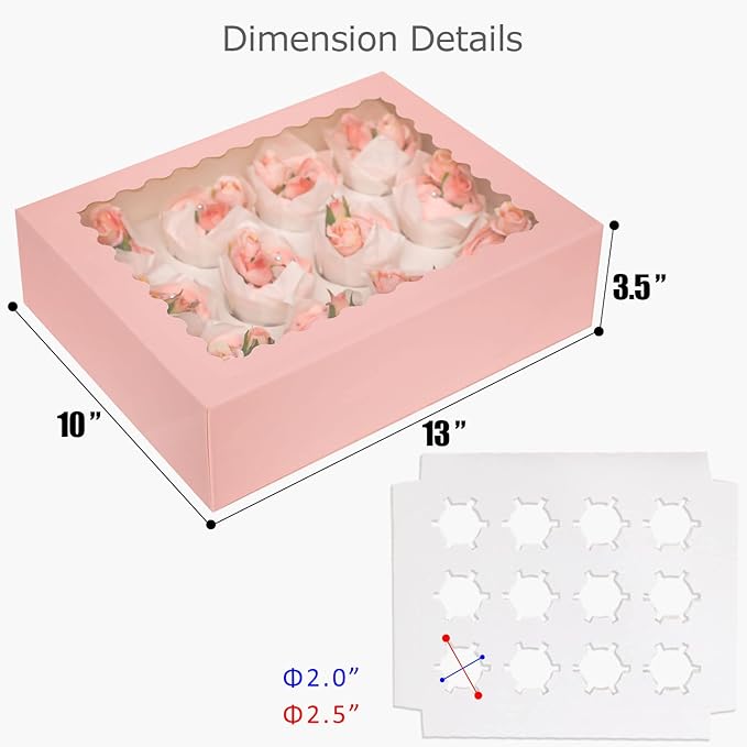 qiqee Pink 12 Cupcake Boxes with Window 16-Packs Cupcake Box 13"x10"x3.5" Cupcakes Carrier, 12 Cupcake Containers