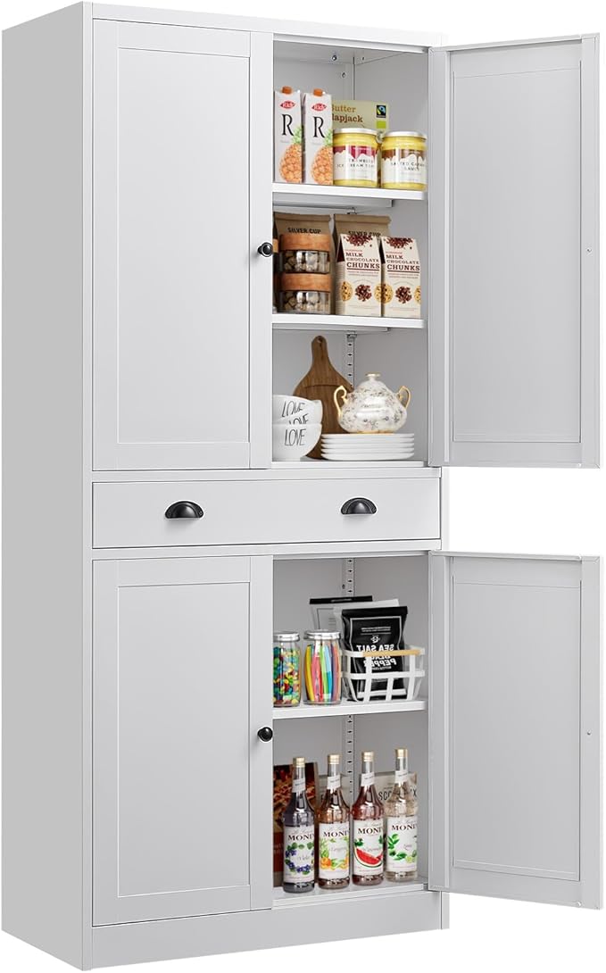 71??Food Pantry Storage Cabinet with Drawer,White Metal Kitchen Pantry Cabinet with Doors and Adjustable Shelves,Tall Storage Cabinets for Pantry,Kitchen,Livingroom