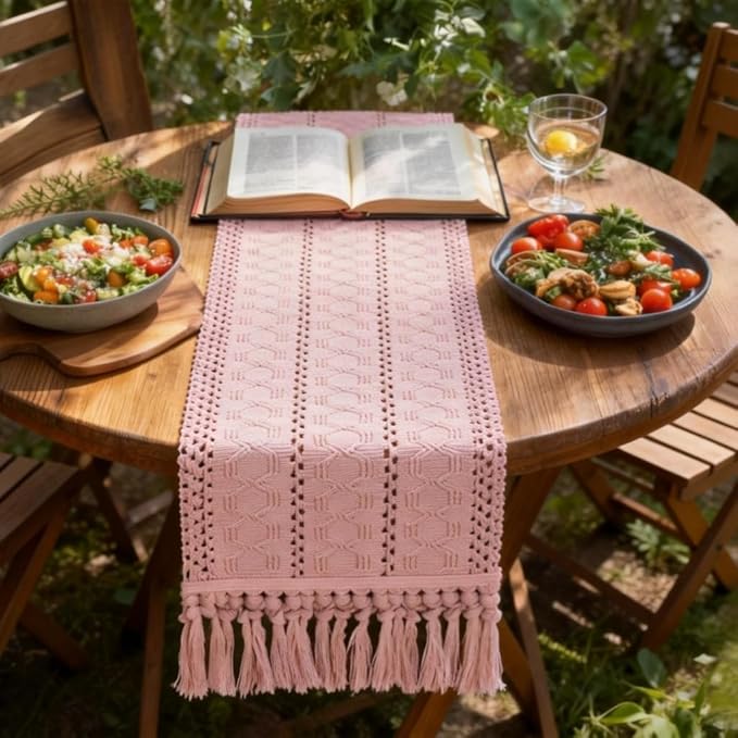 Socomi Boho Table Runner Valentine's Day Farmhouse Rustic Dining Kitchen Centerpiece Decor Small Macrame Woven Cotton Linen Coffee Table Runner for Dresser Scarf Home Decor 12x60 in Pink