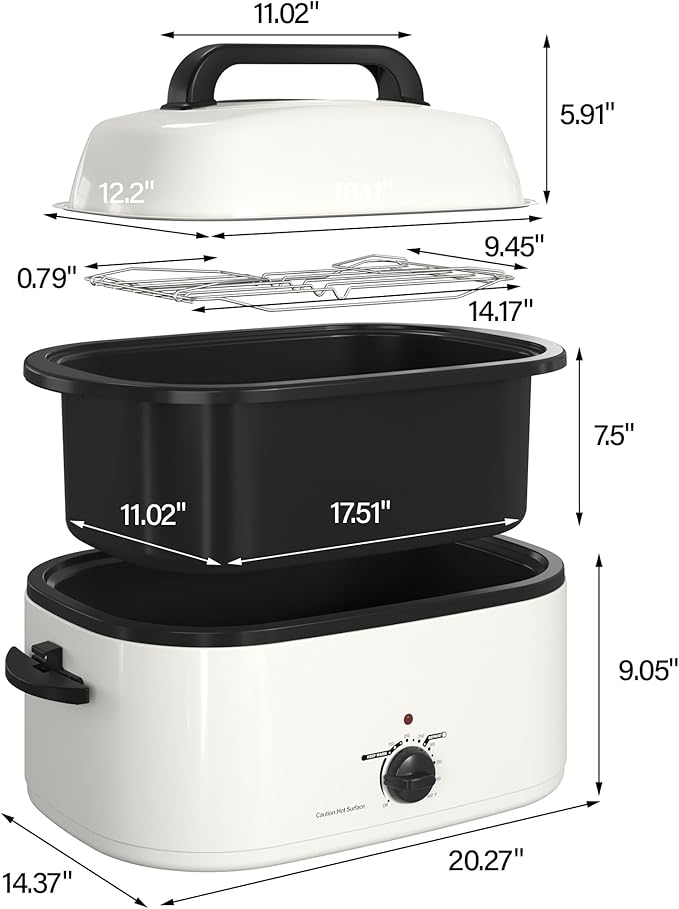 RoyalCraft 22-Quart Electric Roaster Oven with Visible Self-Basting Lid, Turkey Roaster Oven with Removable Pan and Rack, Perfect for Large Meals and Holiday Feasts, White