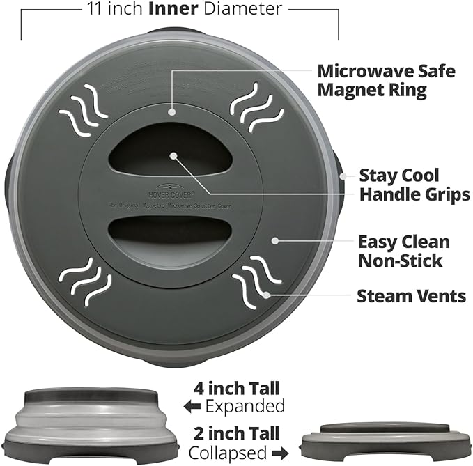 HOVER COVER Magnetic Microwave Splatter Cover with High Power, Strongest Magnetic Grip, Collapsible 12-Inch BPA-Free Food Lid, Vented Plate Guard, Dishwasher Safe, Space-Saving Storage - Black
