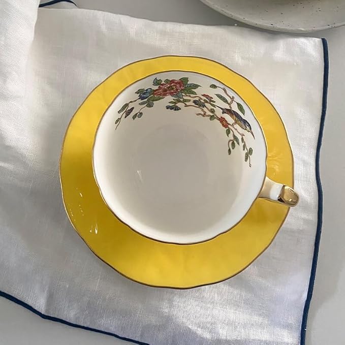 Aynsley Pembroke Glaze Oban 2-Piece Fine Bone China Teacup & Saucer - 6oz (180ml), Handpainted Floral with Gold Trim - Vintage Gift Set-Yellow