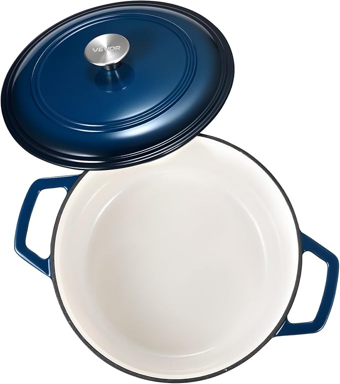 VEVOR Enameled Cast Iron Dutch Oven, 6 Quart Pot with Lid and Dual Handles, Heavy-Duty Durable Cookware Pan, Oven Induction Compatible up to 500?? for Braising, Stews, Roasting, Bread Baking, Blue