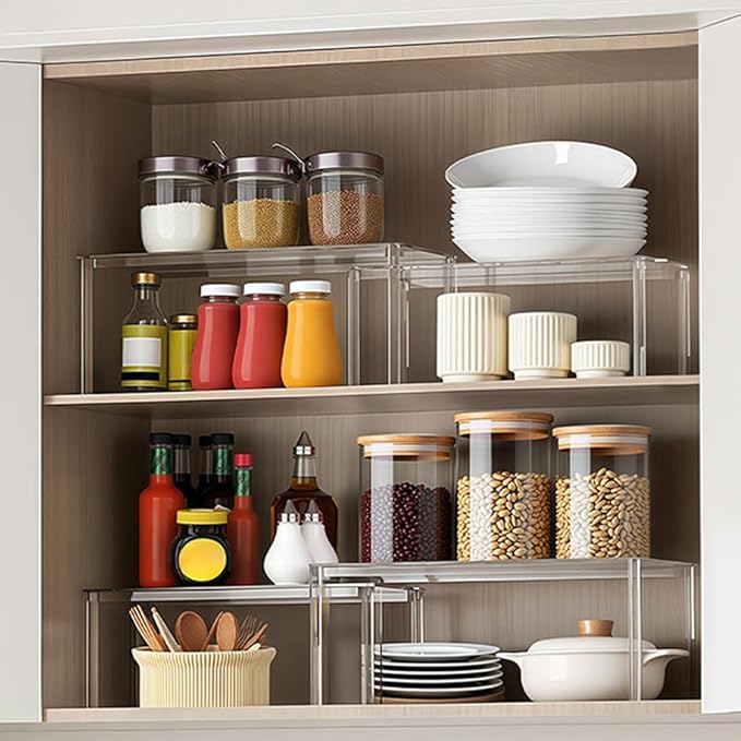 4Pcs Large Acrylic Kitchen Cabinet Organizer Shelf, Clear Spice Rack, Plate and Cupboard Storage Riser, Versatile Pantry Shelf, Stackable Kitchen Countertop Display Rack Decor for Gift