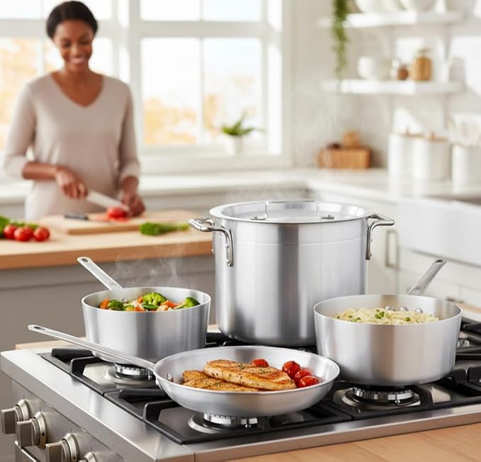 5-Piece Aluminum Cookware Set ??Includes 2.75 Qt & 3.75 Qt Sauce Pans, 8 Qt Stock Pot with Cover, and 10" Fry Pan ??Heavy-Duty Riveted Handles, Superior Heat Distribution (5-Piece Set)