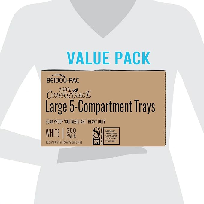 5 Compartment Compostable Heavy Duty Disposable Paper Plates, 300 Count | 10.2" X 8.3" | Natural Bagasse, White Biodegradable Eco-Friendly School Lunch, Buffet, Party Sugarcane Tray