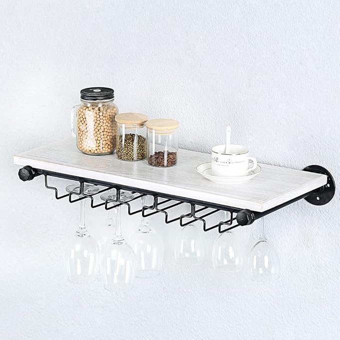 Industrial Wine Rack Wall Mounted with 5 Glass Holder,Wine Glass Rack Floating Wine Glass Shelf,24in Pipe Shelving Hanging Wood Shelves